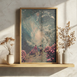 Framed "There Will Be Light In the End" by Frank Moth on shelf with dried flowers, sunlight casting shadows.