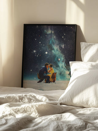 Poster of "I'll Take You To the Stars for a Second Date" by Frank Moth resting against a wall beside a bed.