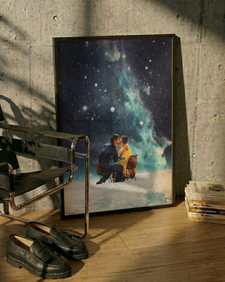Framed print of a couple gazing at stars, featured artwork for I'll Take You To the Stars for a Second Date.