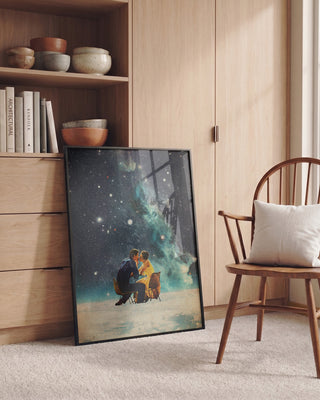 Framed "I'll Take You To the Stars for a Second Date" art by Frank Moth leaning against a wooden cabinet.