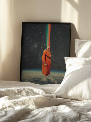 Framed Spacecolor - Frank Moth art print of a robed figure with rainbow beam, leaning on a bed.