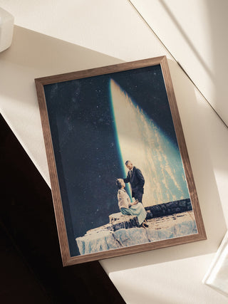 Framed print of a couple by a cosmic waterfall, product image for "This Love" by Frank Moth.