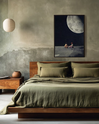 Bedroom with earthy decor featuring "I Gave You the Moon for a Smile" artwork by Frank Moth above the bed.