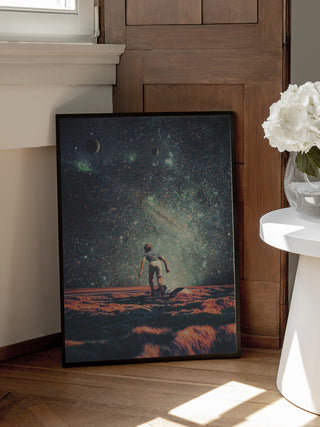Framed Nostalgia - Frank Moth artwork featuring a person standing on a cosmic landscape under starry skies.