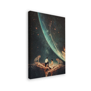 Surreal art of two people and two leopards sitting under a cosmic sky, from Guardians of Our Future - Frank Moth.