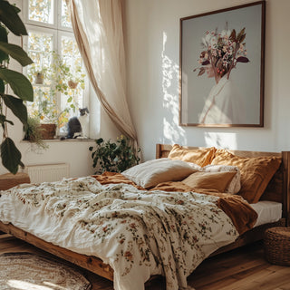 Cozy bedroom with autumn tones, floral bedding, and "I Fell In Love With Fall Because of You" artwork on the wall.