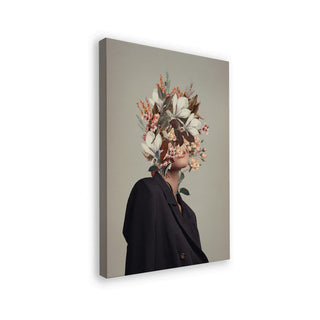 Surreal portrait of a person in a dark coat with an autumn floral bouquet replacing their head.
