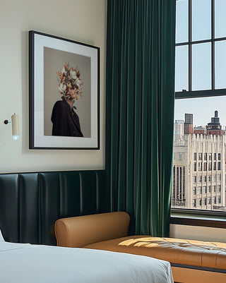 Framed Infinite Moments Infinite Autumns - Frank Moth art on wall in modern bedroom with city view.