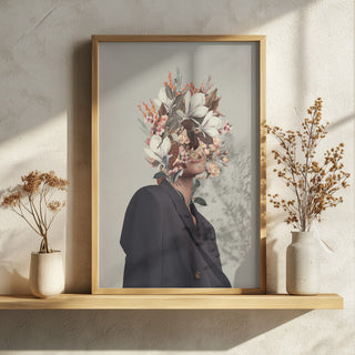 Framed Infinite Moments Infinite Autumns art print by Frank Moth featuring a floral collage over a person's face.