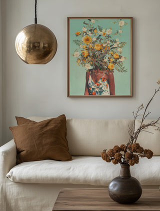 Framed print of "You Loved Me a Thousand Summers Ago" by Frank Moth displayed above a beige sofa.