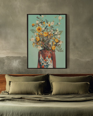 Framed "You Loved Me a Thousand Summers Ago" by Frank Moth hanging above a bed with green bedding.