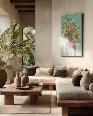 A living room with the artwork "You Loved Me a Thousand Summers Ago - Frank Moth" hanging above a sofa.