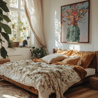Cozy bedroom with floral bedding, sunlight, plants, and "You Smell Like Home - Frank Moth" art on the wall.