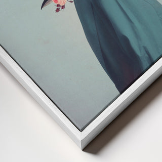 Close-up of "I Was Hidden but You Saw Me" by Frank Moth, showing framed canvas with teal fabric detail.