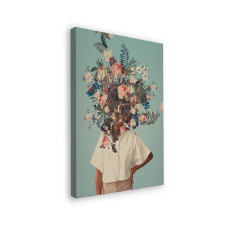 Art print of a person with their head replaced by an arrangement of colorful spring flowers on a pale blue background.