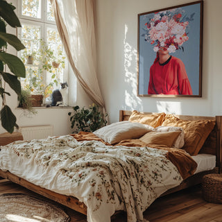 Bedroom with floral bedding, warm sunlight, and "We Gathered In Spring" by Frank Moth displayed above the bed.