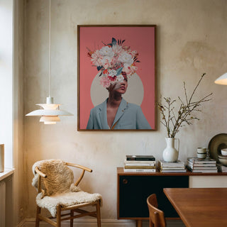 Framed "Searching for Sunrise" by Frank Moth displayed above a cozy, modern dining area with neutral decor.