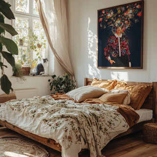 Framed Bright Bloom by Frank Moth displayed above a cozy, sunlit bed with floral bedding and earth-toned pillows.