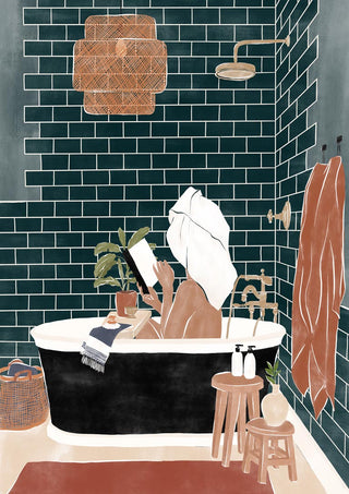 Illustration of a woman relaxing in a hot tub, reading a book with a towel on her head in a stylish bathroom.