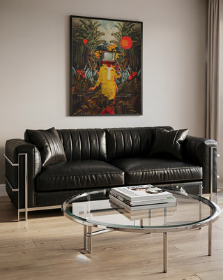 “She Came From the Wilderness” by Frank Moth hanging above a black leather sofa in a modern living room.