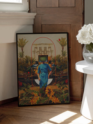 Framed Her Asymmetries - Frank Moth artwork featuring surreal collage with a woman and TV head, leaning on floor.