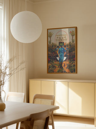 Her Asymmetries - Frank Moth artwork framed on a beige wall above a minimalist sideboard in a sunlit room.