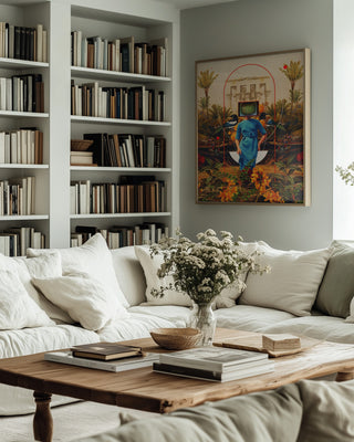 Framed "Her Asymmetries" art by Frank Moth on wall above a cozy sofa in a book-filled living room.