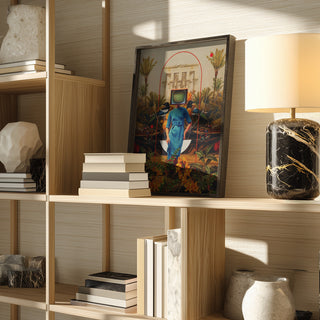 Framed Her Asymmetries - Frank Moth artwork displayed on a wooden shelf next to books and a lamp.