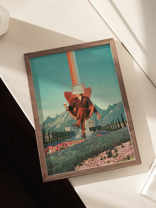 Framed print of Enemy by Frank Moth, featuring a surreal collage with mountains and vibrant colors.