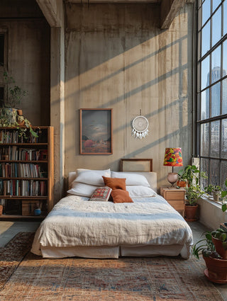 Bedroom with modern decor, large window, and "Pretend They Never Came" by Frank Moth above the bed.