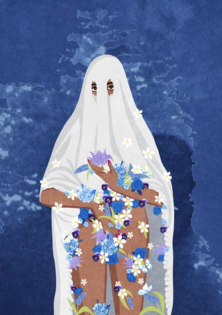 A figure draped in a white sheet, adorned with blue and white flowers, stands against a dark blue background.