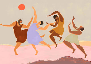 Four abstract figures joyfully dancing under a red sun, featured on the Together - Arty Guava product page.