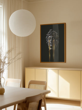 Framed MDS - Frank Moth artwork featuring a classical statue, displayed in a minimal modern dining room.