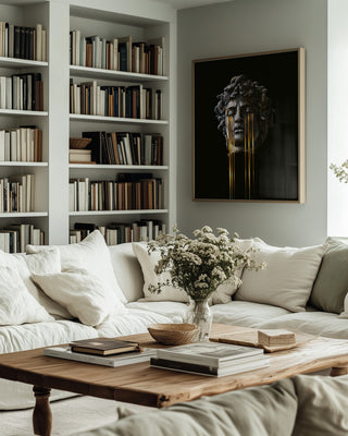Modern living room with bookshelves, neutral sofas, and "MDS" artwork by Frank Moth displayed on the wall.