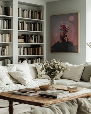 Framed "Pale Memories of Dusk" by Frank Moth hanging above a cozy sofa in a modern living room.