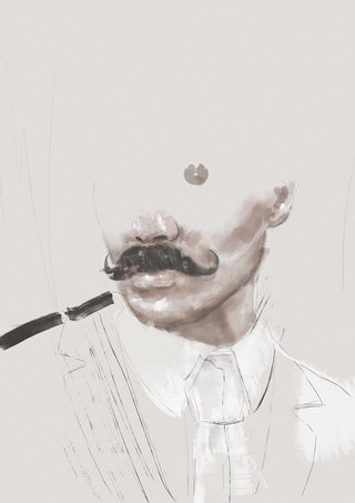 Minimalist portrait of a mustached man in a suit with pipe, artwork by Gabriella Roberg.