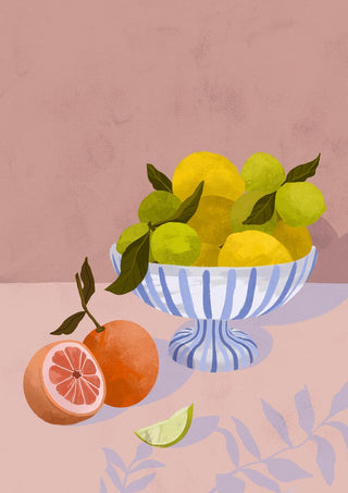 Illustration of a striped bowl with lemons and limes, next to sliced grapefruit and lime on a pink surface.