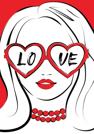 Illustration of a woman wearing heart-shaped "LOVE" glasses, red lipstick, and a red necklace on Heartfelt Vision.