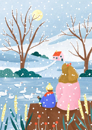 Illustration of a mother and child by a snowy lake watching ducks, with a cottage in the background.