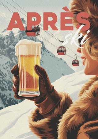 Person in winter gear holding a beer with snowy mountains and ski lifts in the background, Après Ski Alpine.