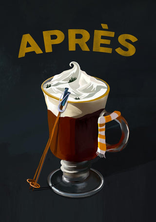 Illustration of a hot cocoa in a glass mug with whipped cream, ski pole, and striped scarf, with "APRÈS" text above.