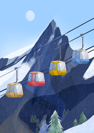 Four colorful ski lift cabins ascend a snowy mountain under a clear sky with rugged peaks in the background.