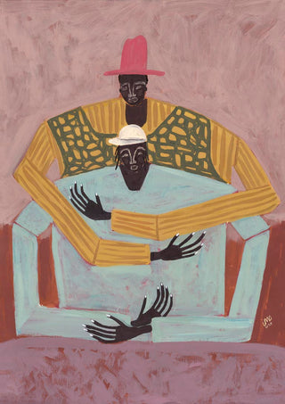 Abstract painting of two figures embracing, one in yellow and green with a pink hat, the other in blue with a white cap.