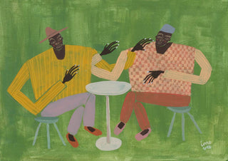 Illustration of two people sitting at a round table on green background, featured by Studio IMO for In Good Company.
