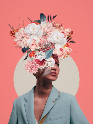 Surreal portrait of a person in a teal blazer with a large bouquet of flowers blooming from their head.