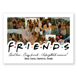 Personalized Friends poster featuring group photos of women, silhouettes, and colorful dots on a black background.