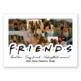 Customizable Friends poster with collage of friendship photos and illustrated silhouettes at the bottom.