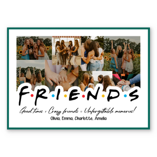 Customizable friends poster with collage of group photos, silhouettes, and space to add your own names or text.
