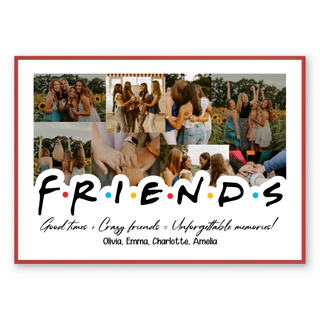 Personalized poster featuring friends' photos in a collage with silhouetted figures and colored dots below.
