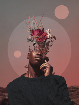 Surreal portrait with flowers blooming from a man's head, set against geometric shapes and a dusky landscape.